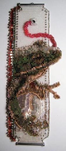 The Frog Cuff, extended,for a full view of the design., beadwork by Erin Simonetti