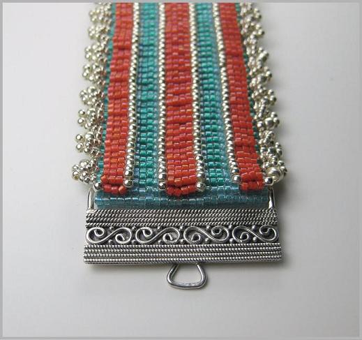 Turquoise and Dark Coral Layered Loomed Cuff