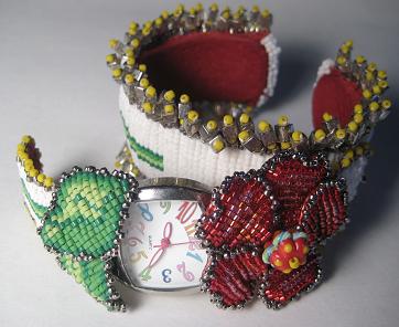 Beaded Red Flower Watch Bracelet