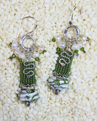 Square stitched seed beads, lampwork by Wendy Woo and sterling findings